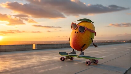 Cool Mango With Sunglasses Riding A Skateboard, Sunset Background, Ai Generated