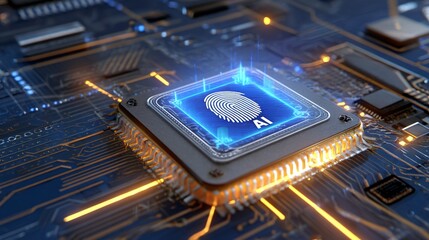 Close-up of a Blue and Orange Glowing Circuit Board with AI Feature