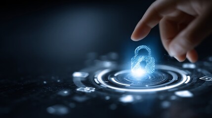 A hand reaches to touch a glowing blue padlock icon on a futuristic interface