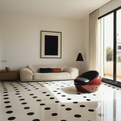 modern minimalist living room featuring stylish sofa and unique chair on polka dot floor. space is bright and airy, with large windows allowing natural light to fill room