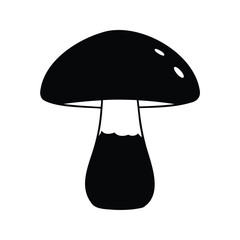Simple black and white illustration of a mushroom with a broad cap