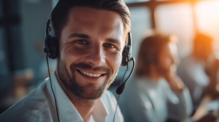 A smiling man wearing a white shirt and a headset is captured in an engaging indoor environment.