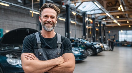 Happy Man in Work Uniform Smiling at Car Repair Shop