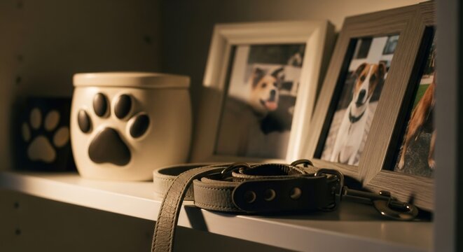 Pet memorial shelf with dog portraits, a paw print urn, and a leash. Remembering beloved dog and pet funeral concept.