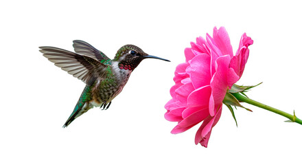 Fototapeta premium A hummingbird gracefully approaches a blooming pink rose, seeking nectar.