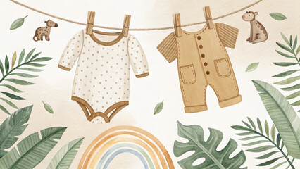 Baby Clothesline Watercolor Clipart &ndash; Baby Onesie, Shoes, Toys and Rainbow in Soft Colors - Illustration art