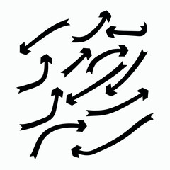 Collection of diverse black curved and straight arrows pointing in various directions