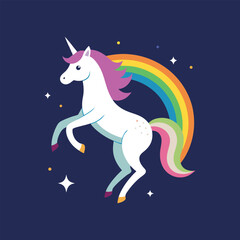 Minimal rainbow unicorn jumping gracefully over sparkling stars, magical fantasy vector illustration, cute colorful mythical creature design