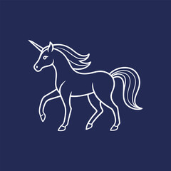 Minimal outline unicorn trotting side view, simple magical horse line art, fantasy creature, elegant minimalistic design vector