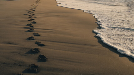 A beach with a line of footprints in the sand