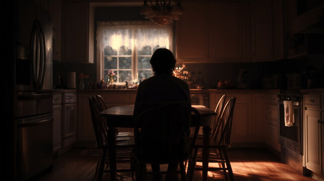 A person is sitting at a table in a kitchen