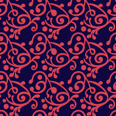  Red Swirling Vines on Deep Purple  Seamless Pattern