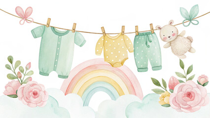 Hand-Drawn Baby Clothes and Toys on Clothesline &ndash; Soft Watercolor Design for Baby-Themed Projects
