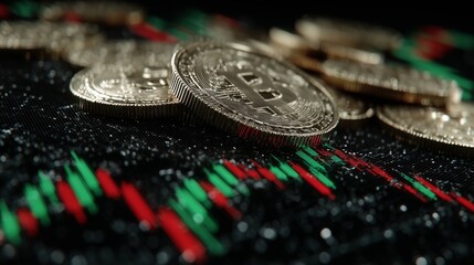 a pile of bitcoins, a stock graph background, a concept a price market in a black background, symbolizing a financial graph