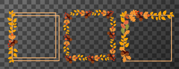 Vector autumn square frames with leaves, berries and acorns, decorative fall borders on transparent background, clipart set for seasonal design