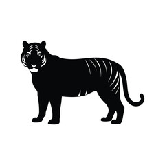Black silhouette of a majestic tiger standing calmly on a white backdrop