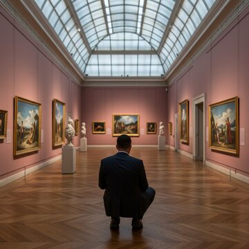 Naklejki Art Enthusiast's Reflection: A visitor gazes at artistic masterworks, a silent observer immersed in the artistic ambiance of a grand art gallery, admiring the timeless artworks.