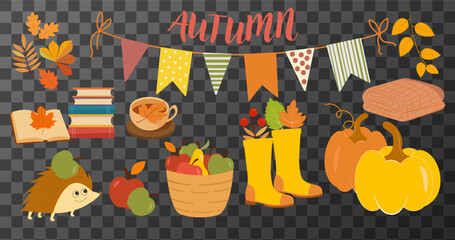 Autumn clipart set with colorful leaves, pumpkins, hedgehog, rain boots, books, tea and festive garland, vector illustration on transparent background, cozy seasonal collection
