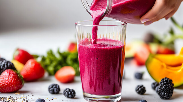 Girl pouring smoothie into glass, vibrant and clean healthy eating, white background