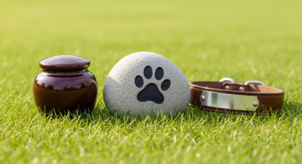 Pet cremation urn, memorial stone with paw print, and collar on green grass. Concept for pet funeral and remembrance.