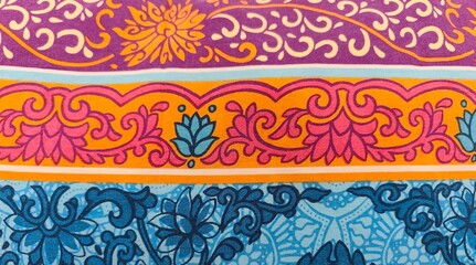 Background view of a vibrant textile pattern featuring floral and scroll motifs in purple, orange,...