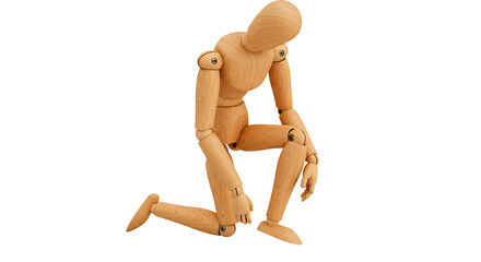 A wooden mannequin kneels with its head down, reflecting somber introspection.