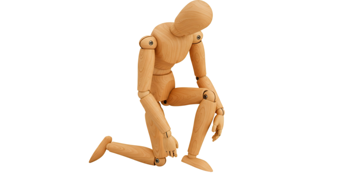 A wooden mannequin kneels with its head down, reflecting somber introspection.
