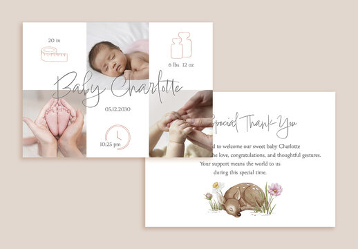 Double-sided baby girl thank-you card with soft watercolor fawn illustration, pastel birth announcement design, newborn photo and editable text layout for printable baby stationery or digital use
