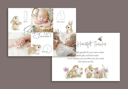 Baby thank-you card with watercolor bunnies and newborn photo layout, two-sided soft pastel template for printing or digital use in birth announcements and baby gratitude stationery.