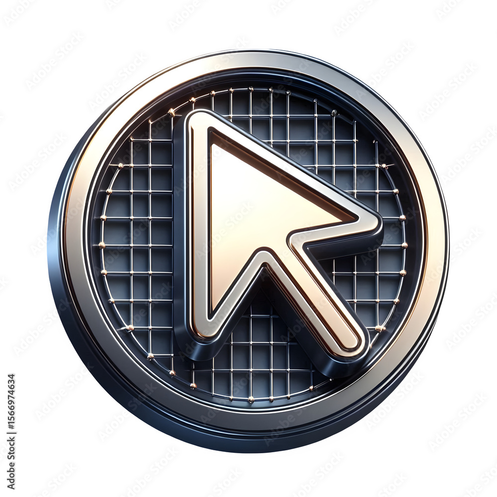 Poster metallic gold cursor arrow icon on a circular grid on transparent background