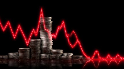 Fototapeta premium a pile of coins, with dollar signs, red graph pointing down, concept a falling price market in a black background, symbolizing a financial graph