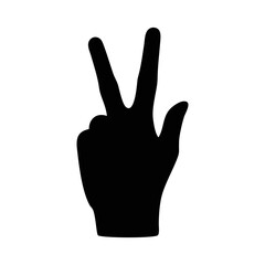 Silhouette of hand making peace sign gesture against a white background