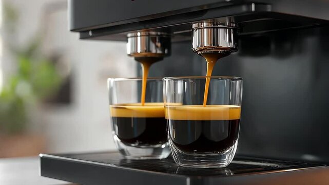 Espresso machine filling two glasses with rich coffee shots in a bright kitchen, Coffee machine in action, two shots of espresso filling in the glasses