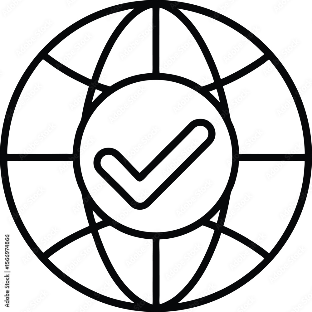 Aufkleber minimal line art globe with survey tick icon on transparent background