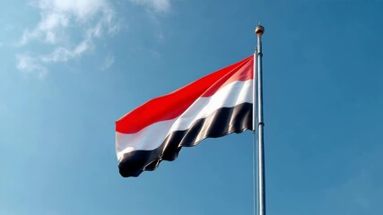 The flag of Yemen flies proudly, displaying its vibrant red, white, and black colors against a bright blue sky during the day.