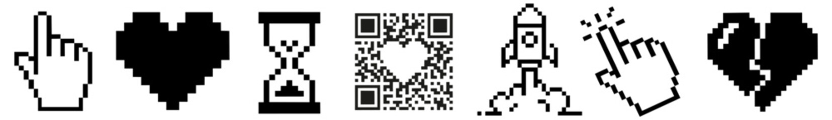 Set of 8-bit pixel — cursor, heart, hourglass, rocket, broken heart, and QR code with love  — retro digital aesthetics, pixel art style.