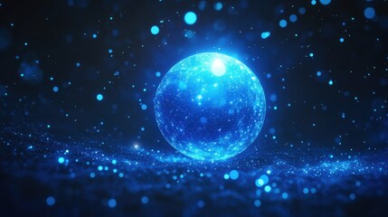 A glowing blue sphere surrounded by shimmering particles in a dark space. Mystical and vibrant, it captures the essence of cosmic beauty.