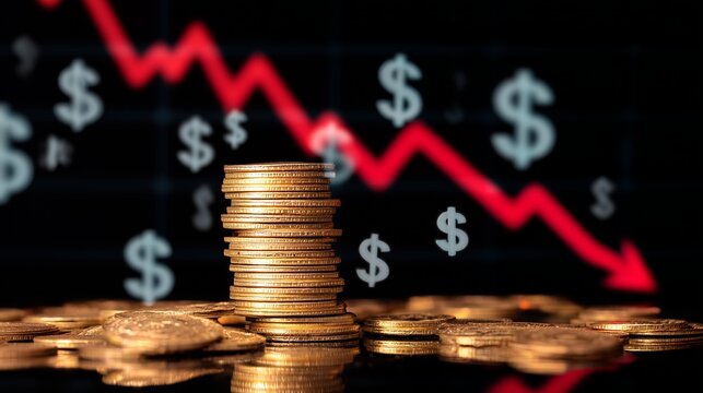 a pile of gold dollar coins, with dollar signs, red graph pointing down, concept a falling price market in a black background, symbolizing financial graph - Powered by Adobe