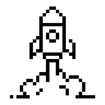 Pixel rocket launching &mdash; startup launch, digital innovation, future progress, space exploration, and retro gaming aesthetics, pixel art, gamified interfaces.