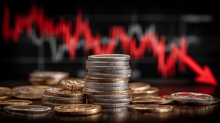 a pile of coins, with dollar signs, red graph pointing down, concept a falling price market in a black background, symbolizing a financial graph