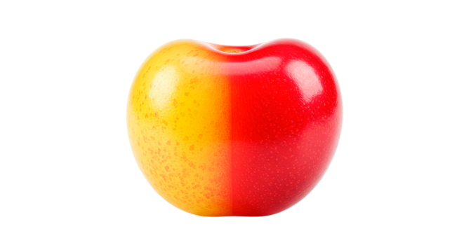 A creative split image of a half red and half yellow fruit on a black background.