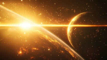 Obraz premium A warm sunset in space with planets and bright star rays shining through. Imagine the beauty of the universe beyond Earth.