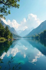 Naklejka premium A serene lake reflecting a clear sky, symbolizing the purity and reflection found in marriage The calm water mirrors the peaceful commitment of a lifelong bond , bond, reflection, promise