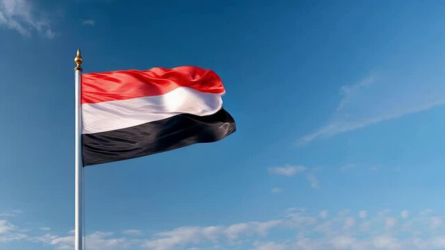 The flag of Yemen flies proudly, displaying its vibrant red, white, and black colors against a bright blue sky during the day.
