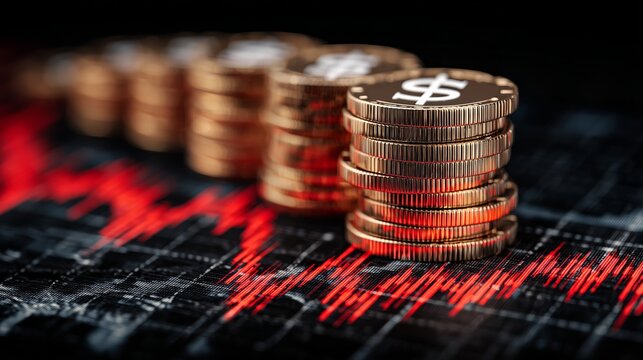 a pile of gold dollar coins, with dollar signs, red graph pointing down, concept a falling price market in a black background, symbolizing financial graph