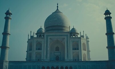 Serene Close-Up of the Taj Mahal's Majestic Architecture in Muted Teal Tones