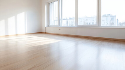 Professional cleaner vacuuming a modern minimalist apartment with bright natural light streaming through large windows
