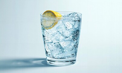 Sparkling Water Refreshment: Crisp Ice and Zesty Lemon in a Clear Highball Glass