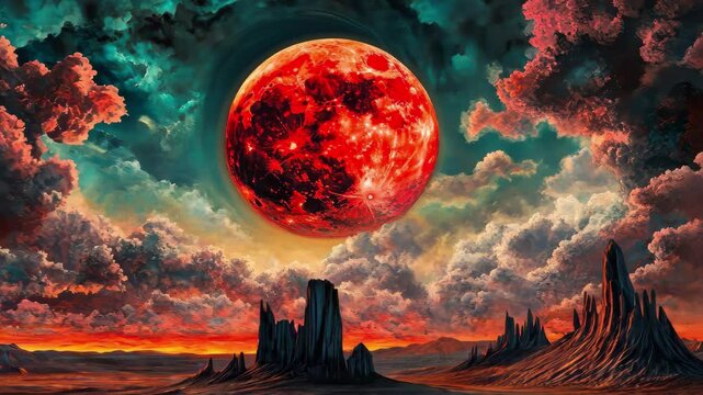 Eerie clouds gather over a red moon in a haunting landscape during dusk, Clouds Over Red Moon Scary Landscape