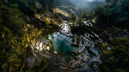 Bali rice terraces aerial view after rain